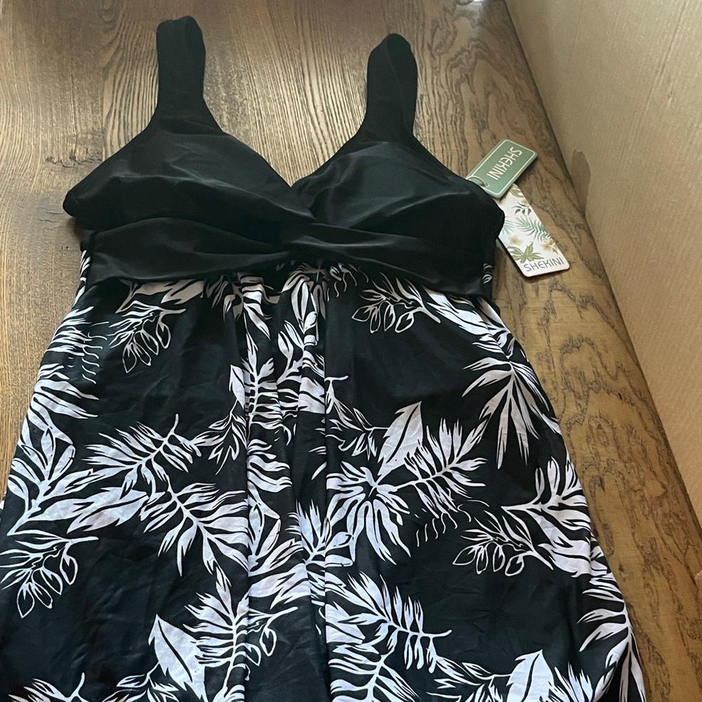 One Piece Swimsuit Bathing Suit  Black and White Leaf Print
